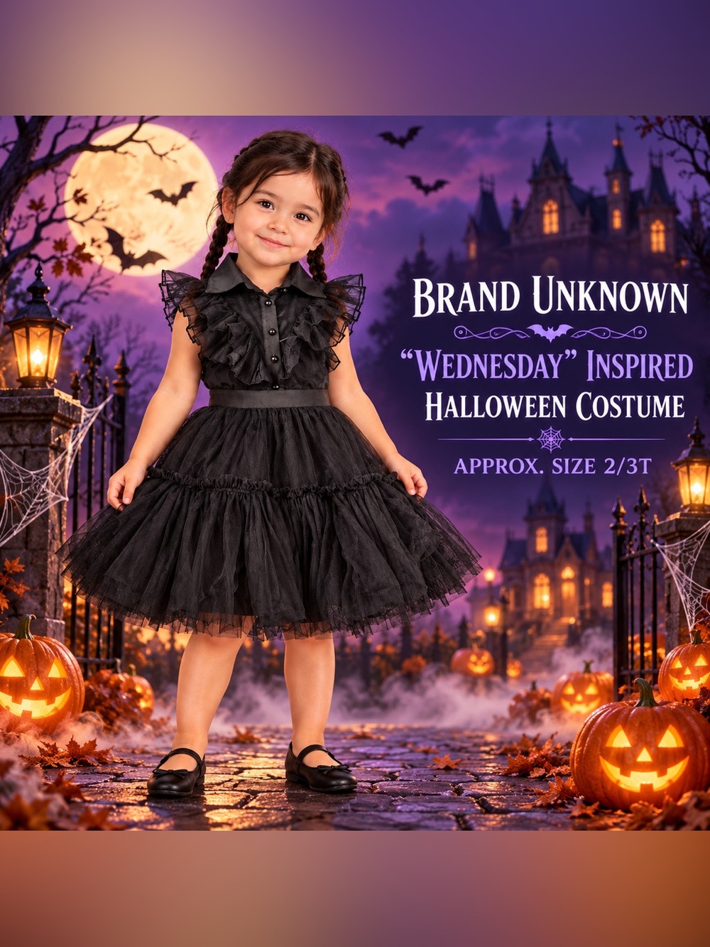 Halloween Goth Dress, Wednesday-Inspired Black Dress Size 2T NWOT